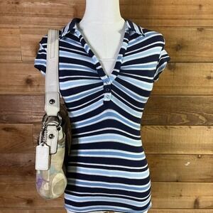 Y2K anxiety Women's Blue and white striped collared short sleeve polo baby T
